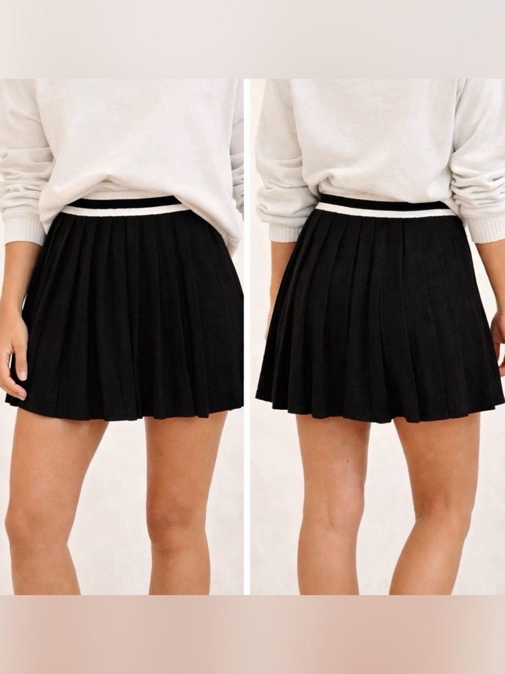 Aerie Pleated Knit Mini Skirt M Black Cream Preppy Tennis Y2K